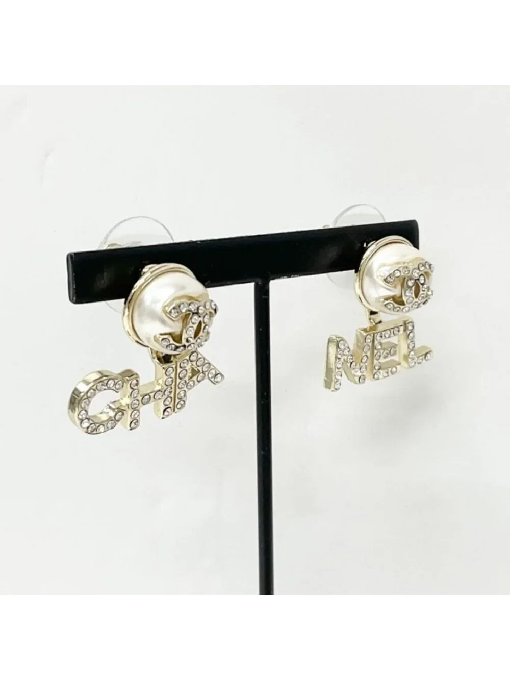 Chanel Earrings CC Logo Rhinestone Pearl Gold